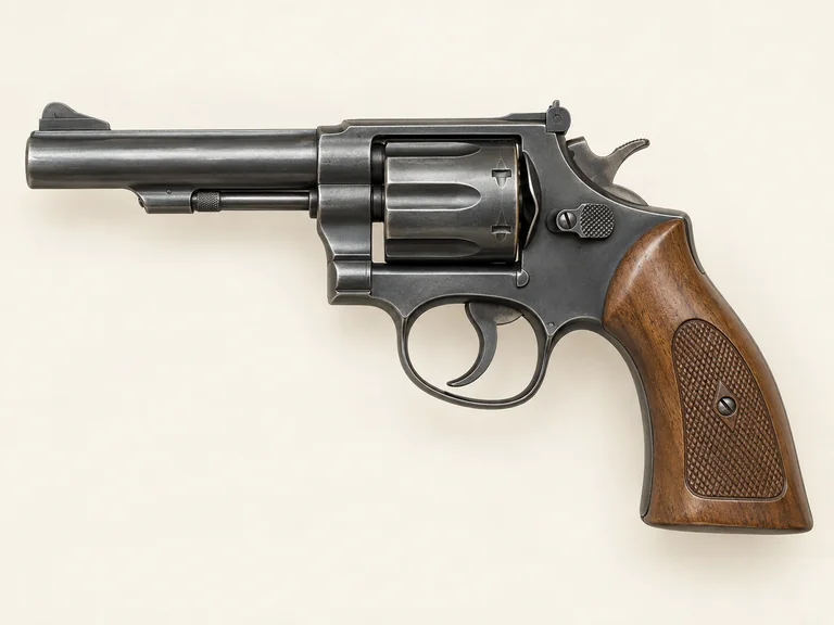 Fekete fémvázas, famarkolatú revolver oldalnézetből, középen jól látható forgódobbal.