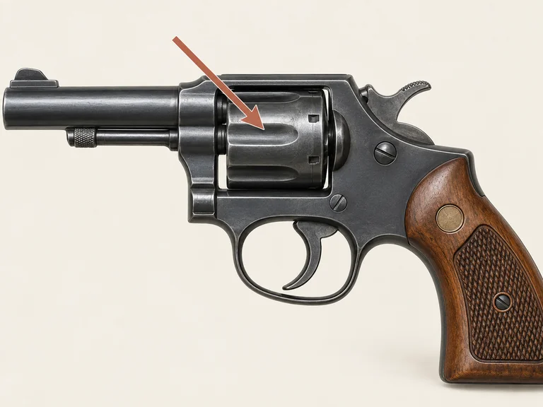 Revolver középső részének oldalnézete, a nyíl a henger alakú forgódobra mutat.