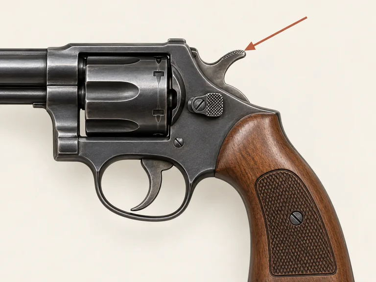 Revolver hátsó részének oldalnézete, a nyíl a markolat fölött kiálló kakasra mutat.